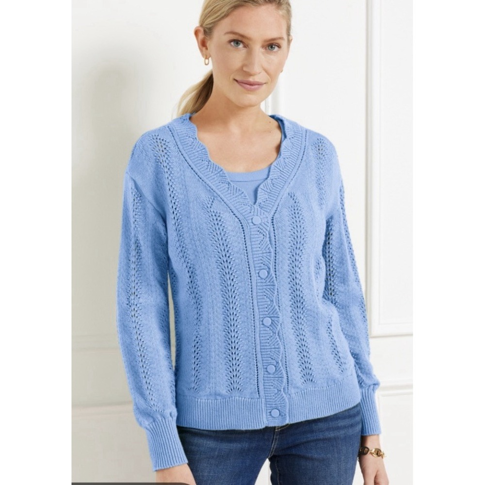 Talbots Cardigan NEW Women 1XP Blue Pointelle Knit Plus Petite Coastal Coquette